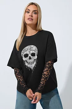 T-shirt med döskalle och spetsärmar, svart