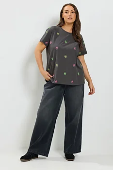 T-shirt med broderade döskallar, grå