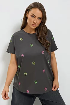 T-shirt med broderade döskallar, grå