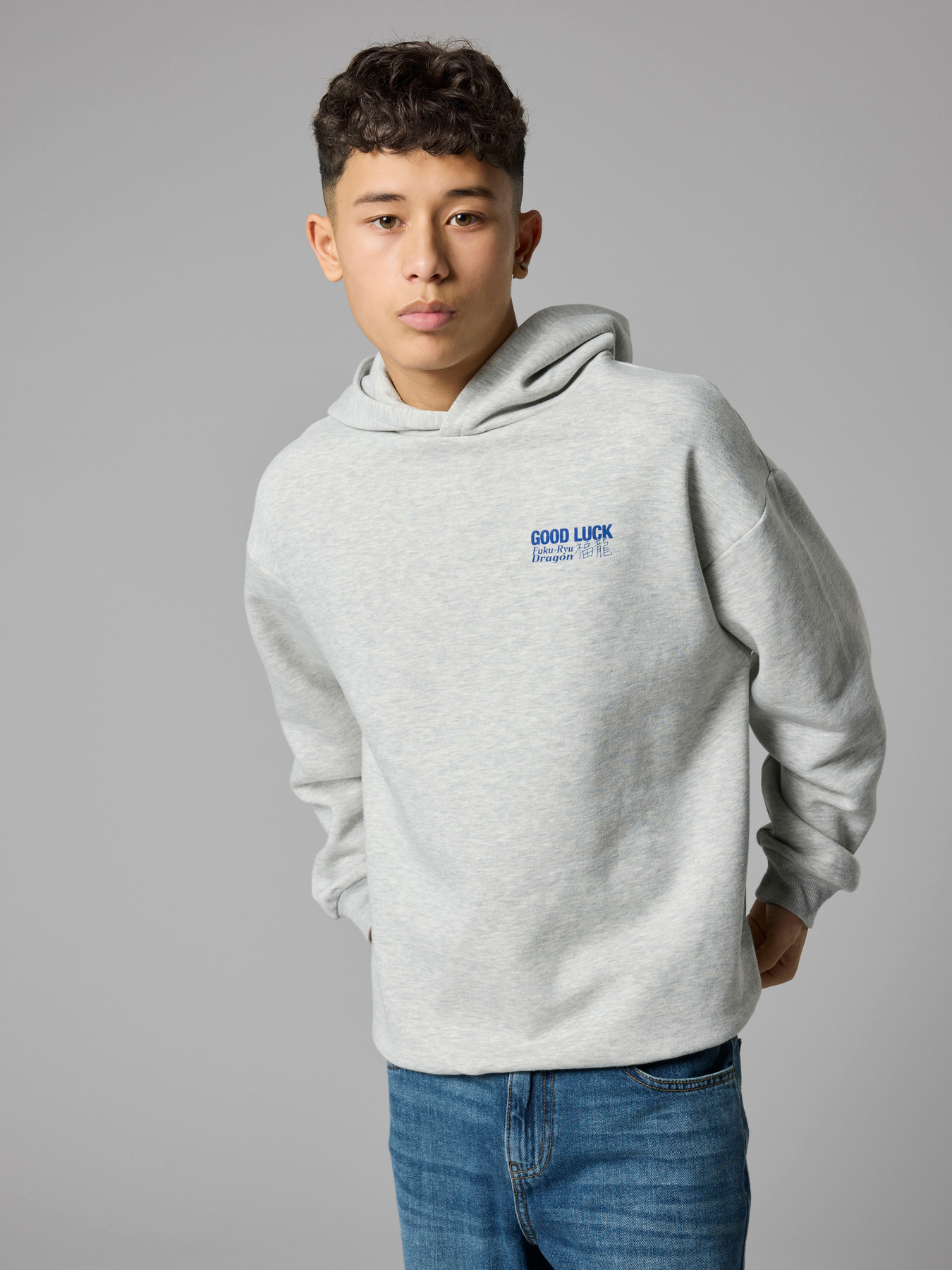 NLMNOLUCK LS L SWEAT W. HOOD Light Grey Melange W Mazarine Blue - 4