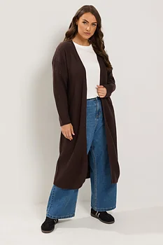Stickad cardigan i lång modell, brun