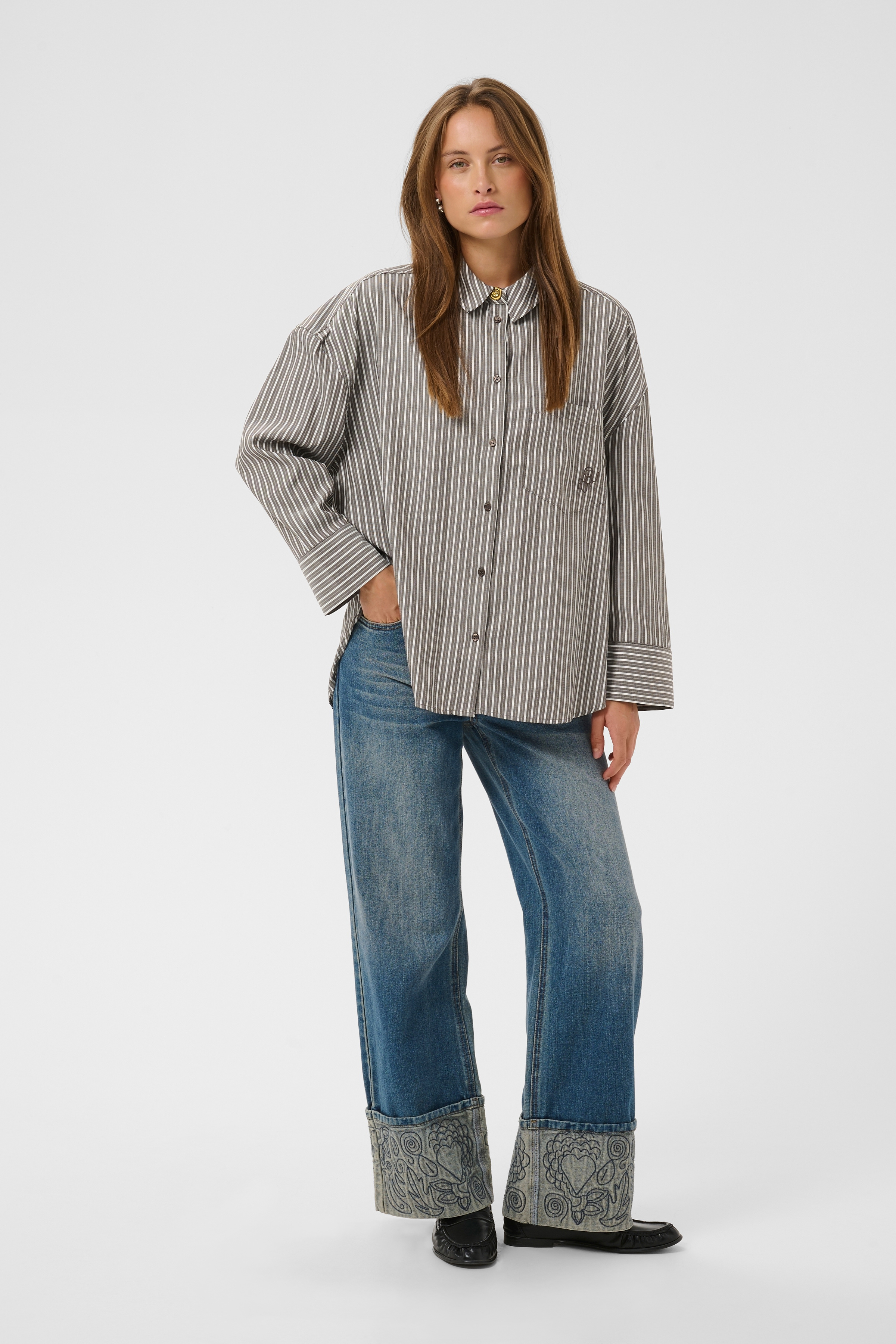 CUmanga Oversized Shirt Brown/White Stripe Randig Skjorta