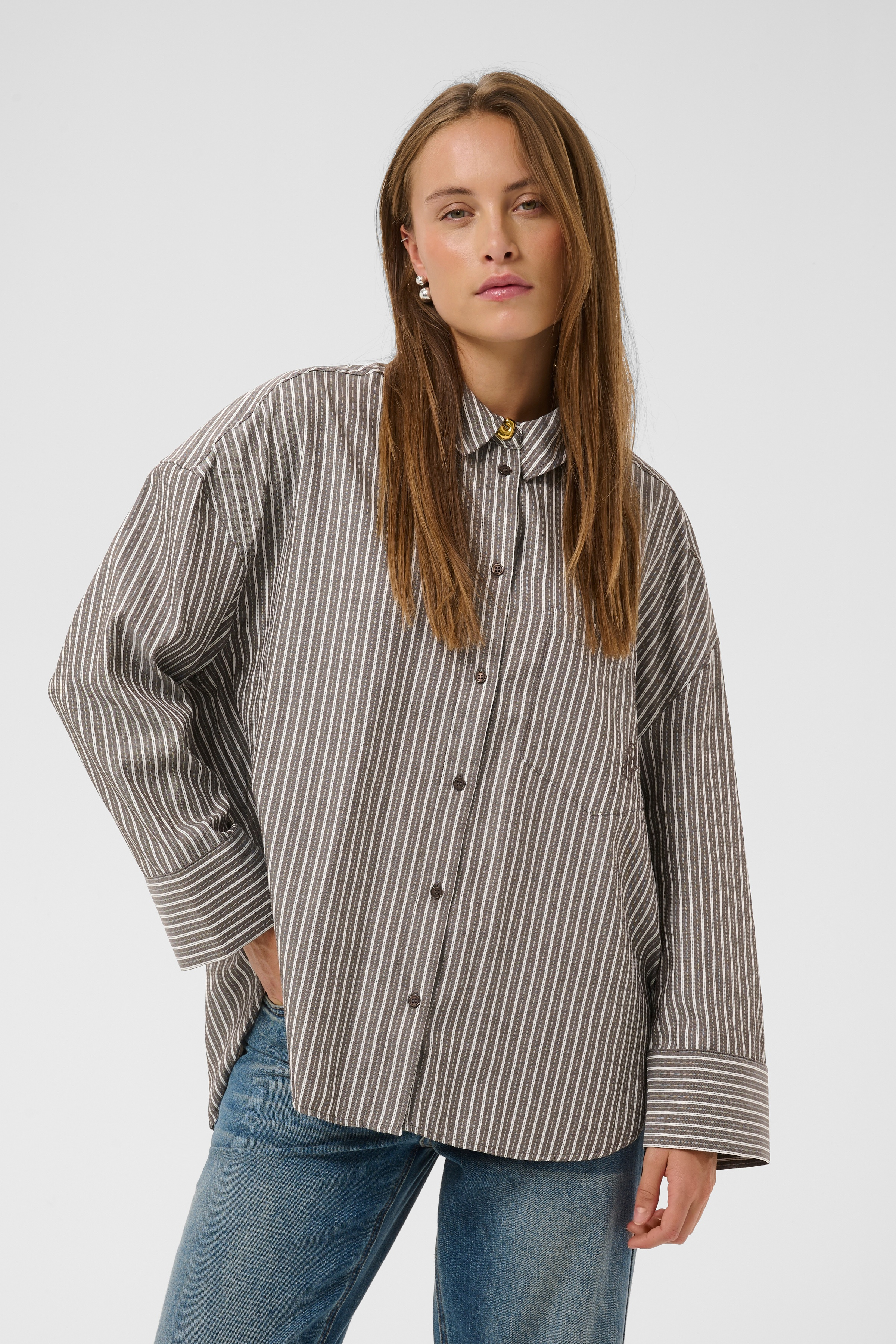 CUmanga Oversized Shirt Brown/White Stripe Randig Skjorta