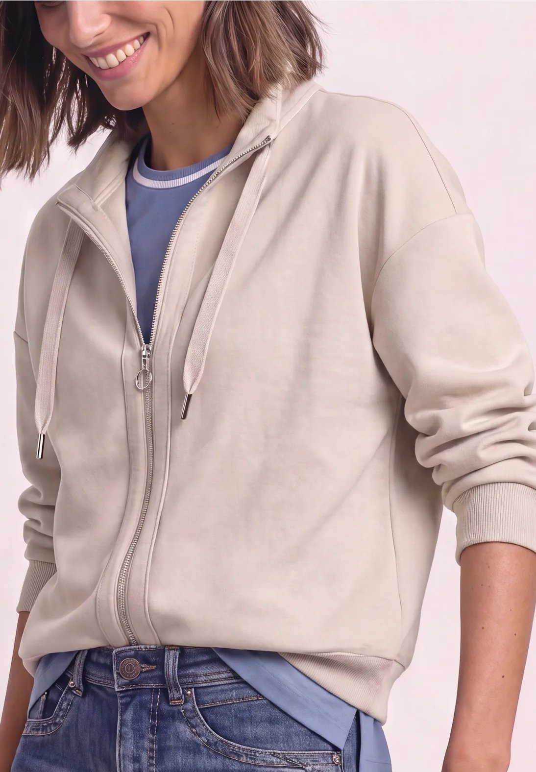 Silk Look Jacket w. Rib Details - Clay Sand - Street One