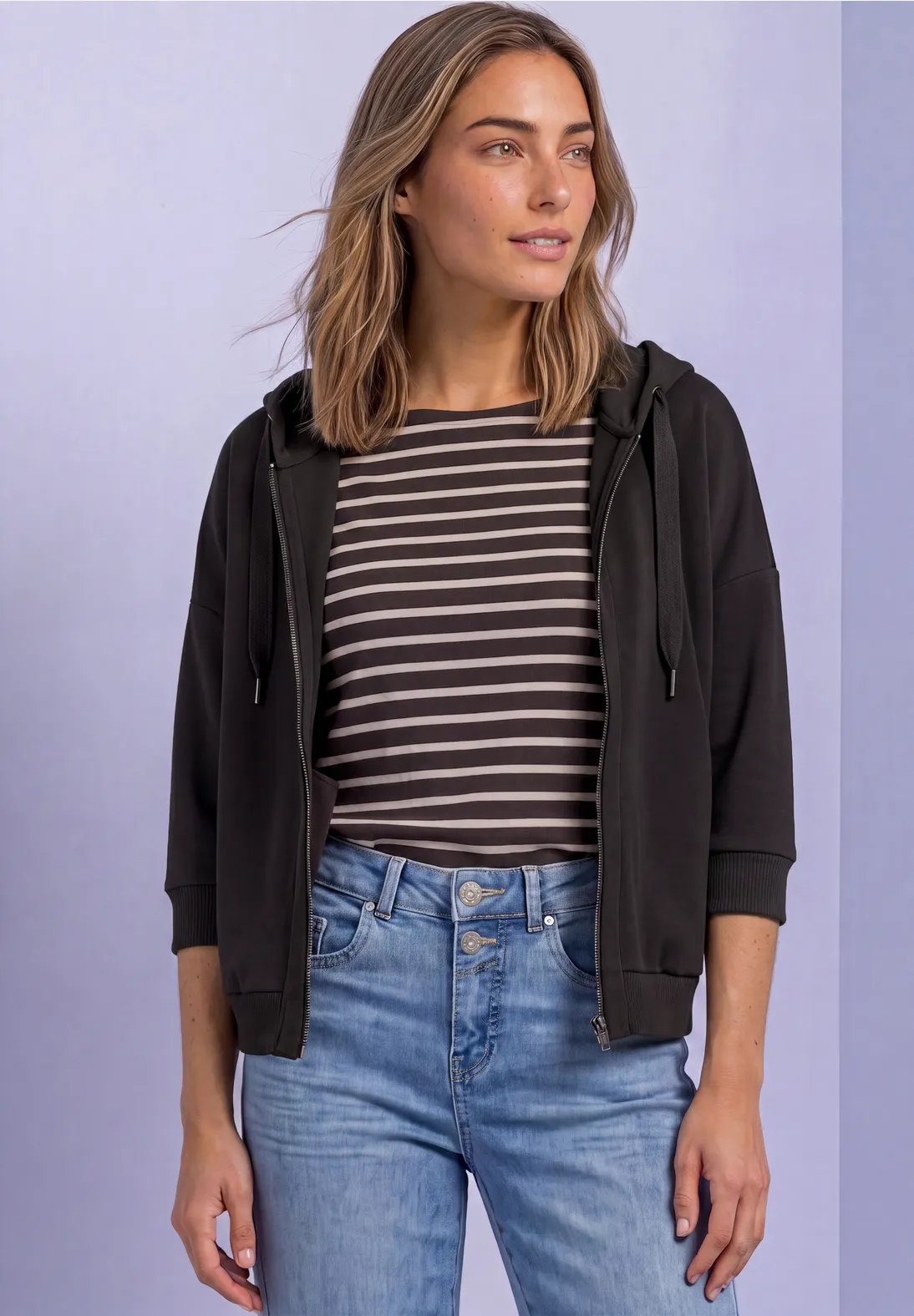 Silk Look Jacket w. Rib Details - Black Coffee - Street One