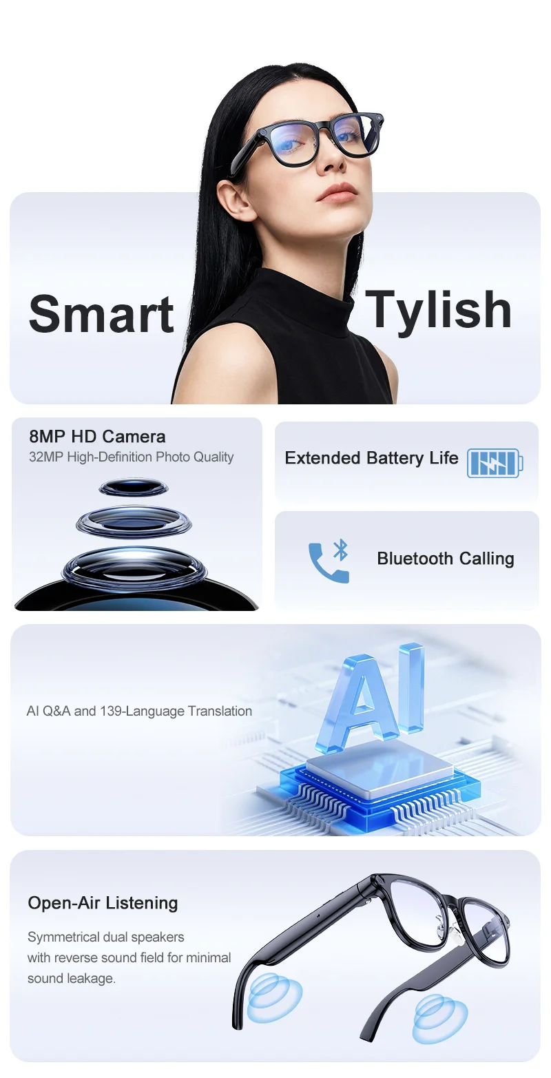Smarte AI-briller med kamera, realtidsoversættelse og Bluetooth - 9