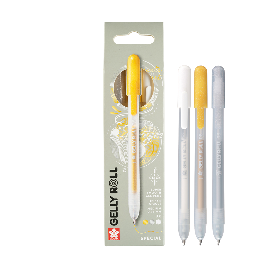 Sakura Gelly Roll Retractable – guld, silver och vit, 3-pack / Sakura Gelly Roll Gelpennor – Specialset 3-pack