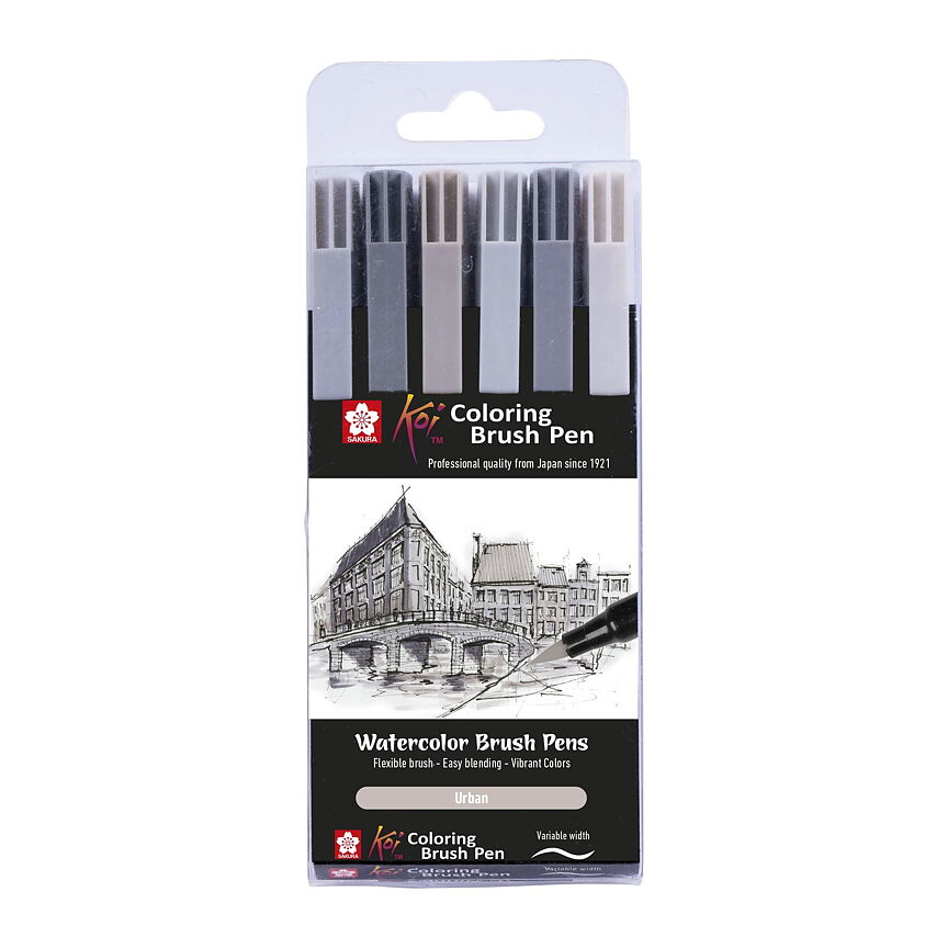 Sakura Koi Coloring Brush Pen Urban – grå toner, 6-pack / Koi Colouring Brush Pen Set 6 Urban colours