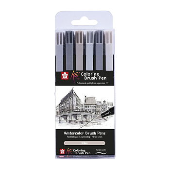 Sakura Koi Coloring Brush Pen Urban – grå toner, 6-pack / Koi Colouring Brush Pen Set 6 Urban colours