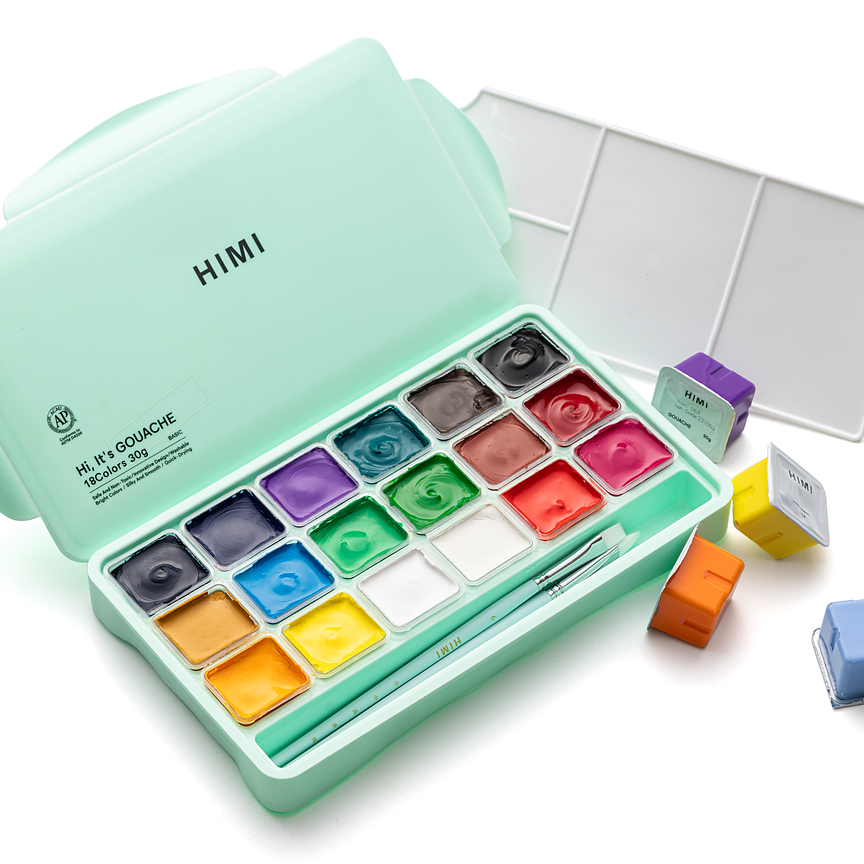 HIMI Jelly Cup gouachefärg – 18 färger och 3 penslar, grön / HIMI Jelly Cup Gouache Set 18+3 Brushes Green - 2
