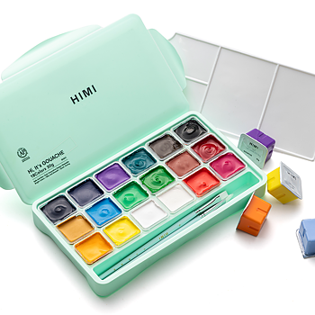 HIMI Jelly Cup gouachefärg – 18 färger och 3 penslar, grön / HIMI Jelly Cup Gouache Set 18+3 Brushes Green