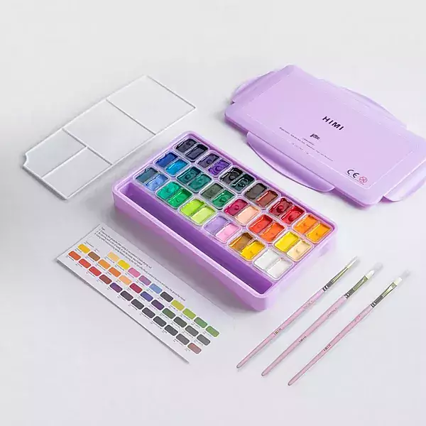HIMI Twin Cup gouachefärg – 36 färger och 3 penslar, lila / HIMI Twin Cup Gouache Set 36+3 Brushes Purple