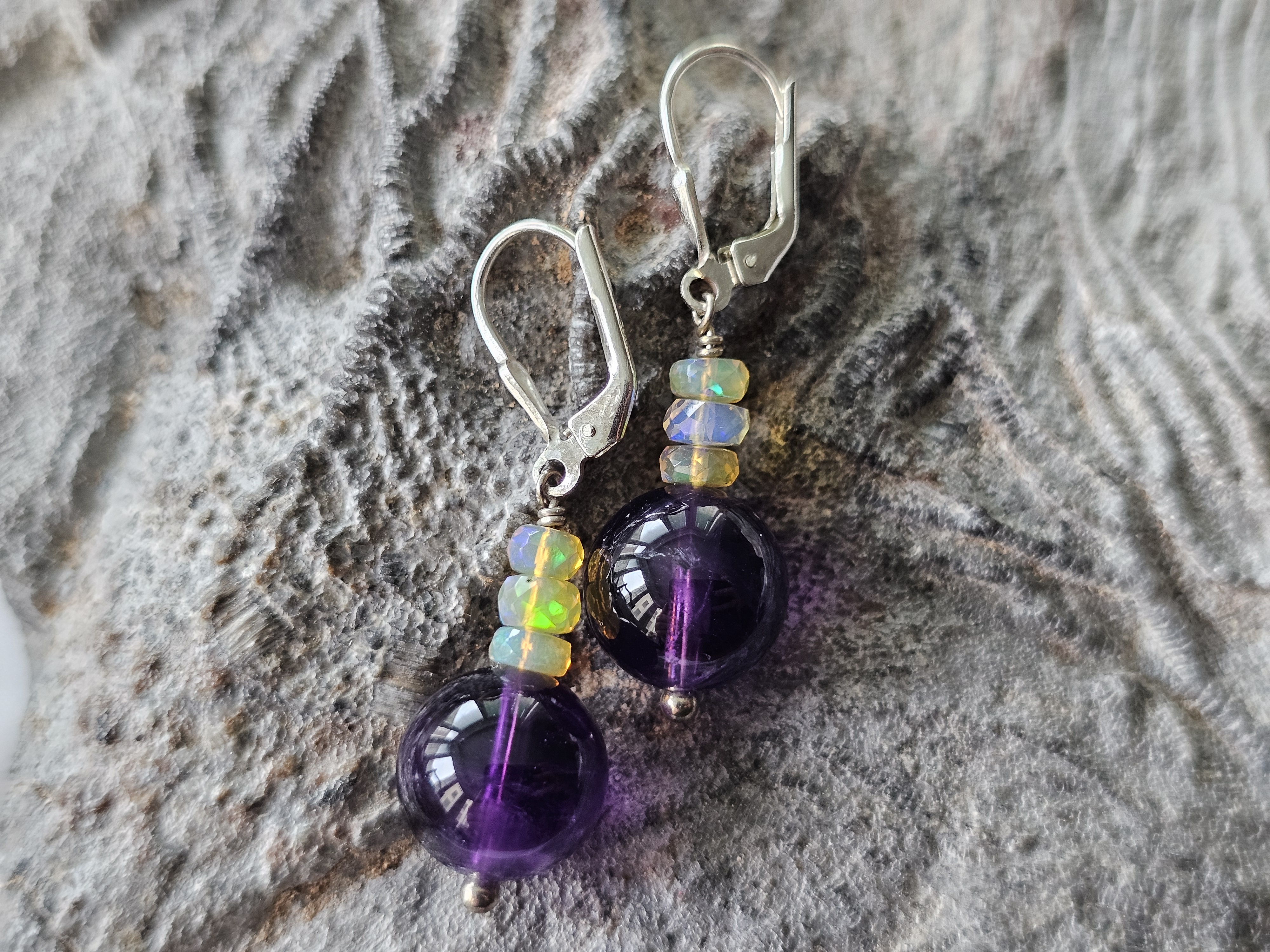 12mm amethyst earrings, opal, 925 silver, JOD