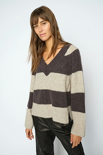 Mos Mosh - MMTaci Stripe LS V-neck Knit Subterranean