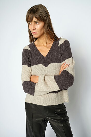 Mos Mosh - MMTaci Stripe LS V-neck Knit Subterranean