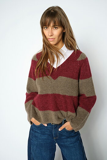 Mos Mosh - MMTaci Stripe LS V-neck Knit Cabernet