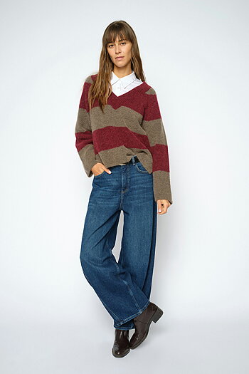 Mos Mosh - MMTaci Stripe LS V-neck Knit Cabernet