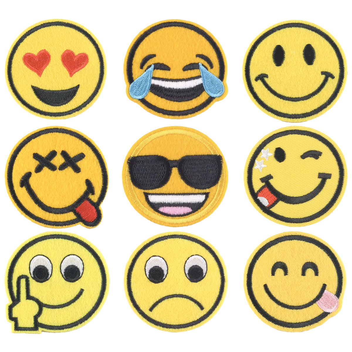 Broderade Emoji-Tygmärken 9-Pack med olika emoji-ansikten