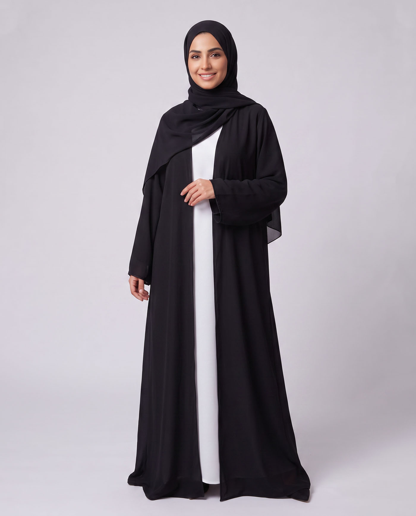 Öppet Abaya i Chiffong med matchande Hijab - Svart