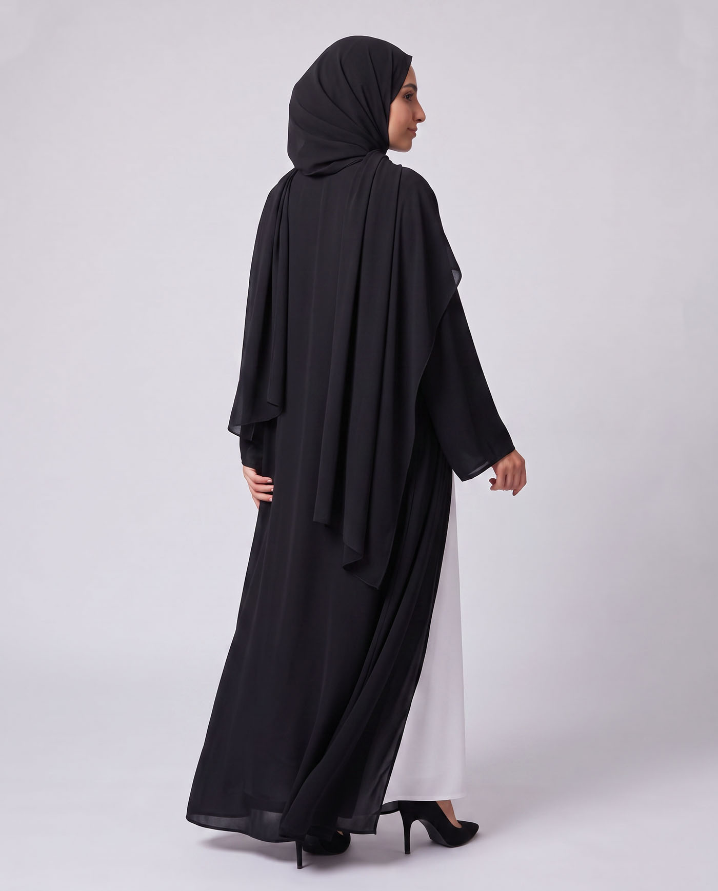 Öppet Abaya i Chiffong med matchande Hijab - Svart - 2