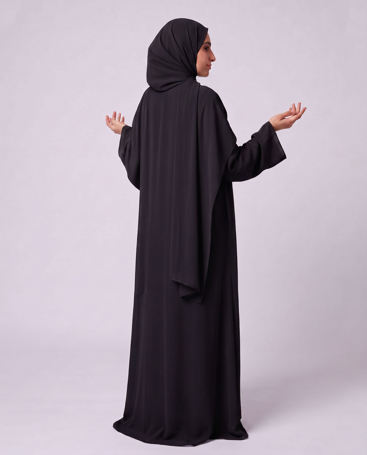 Öppet Abaya i Chiffong med matchande Hijab - Svart - 3