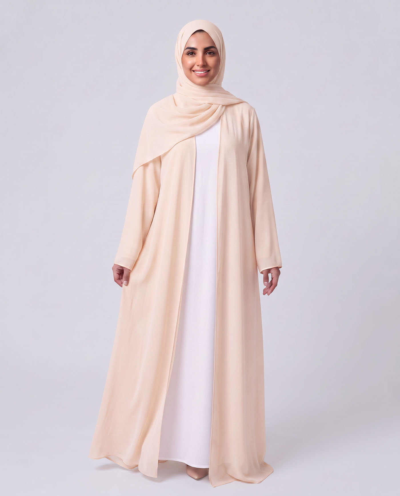 Open Abaya in Chiffon with Matching Hijab - Off-White - 2