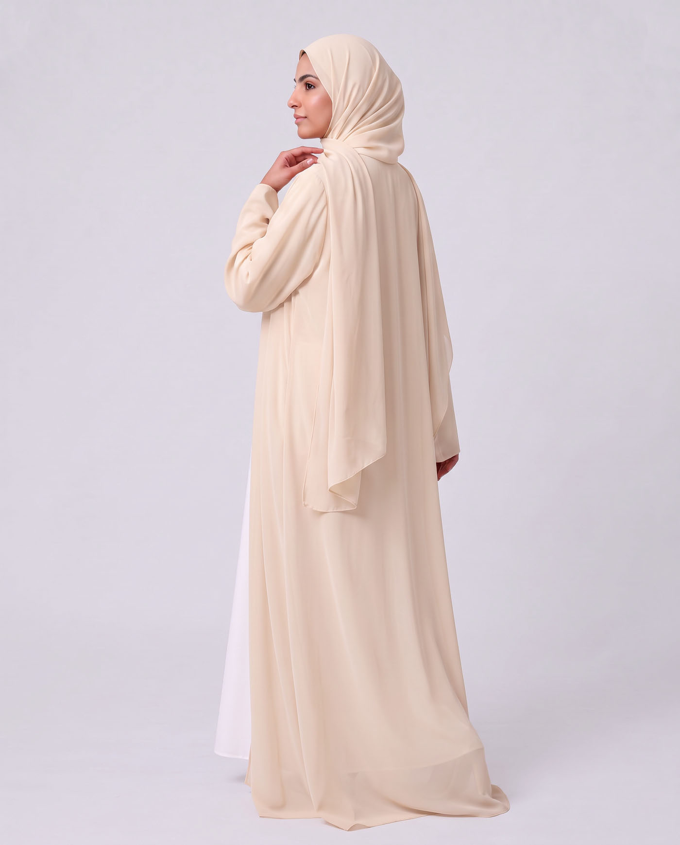 Open Abaya in Chiffon with Matching Hijab - Off-White - 3