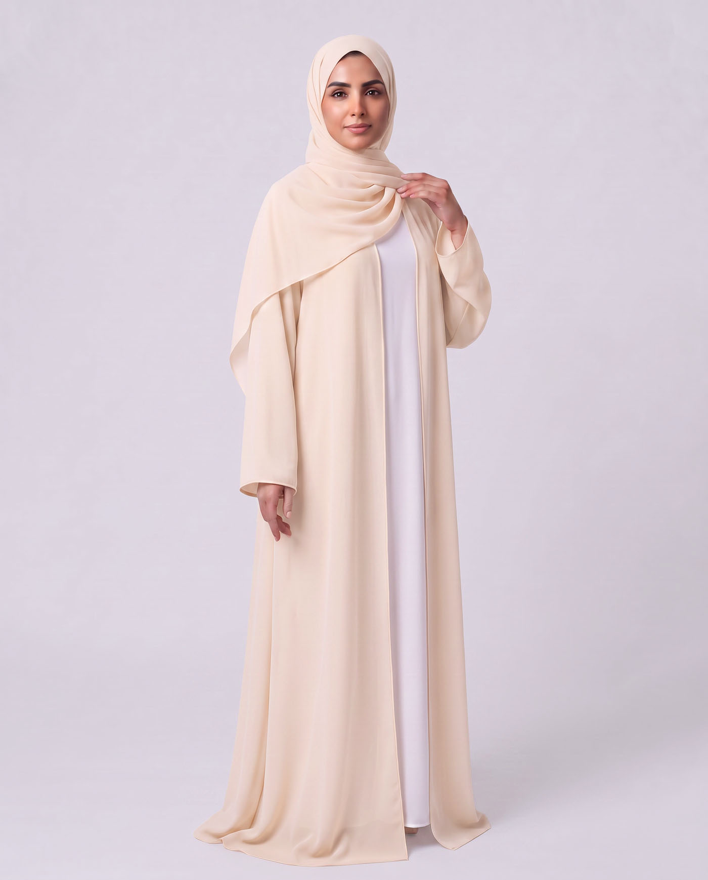 Öppet Abaya i Chiffong med matchande Hijab - Off-White