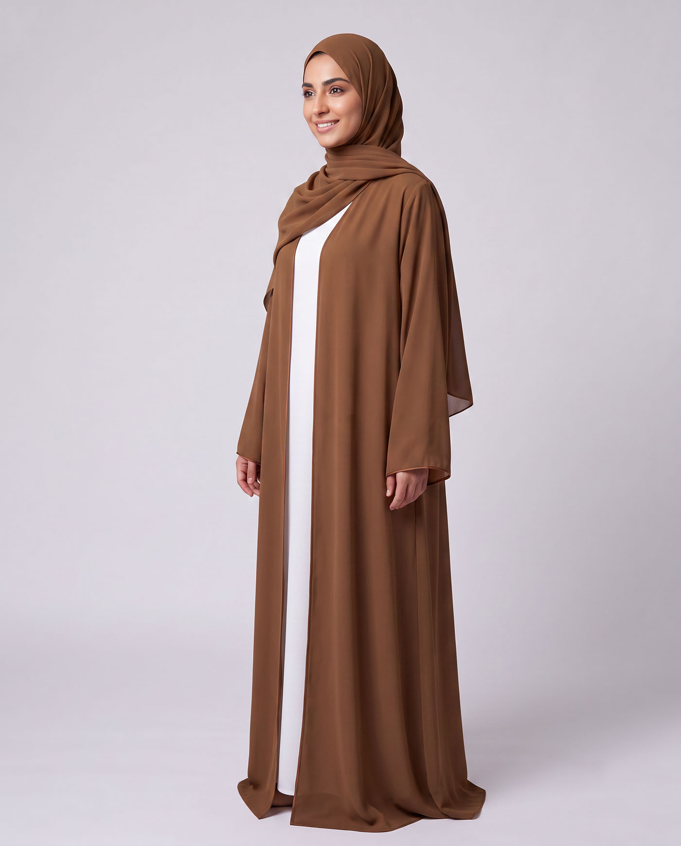 Open Abaya in Chiffon with Matching Hijab - Brown - 2