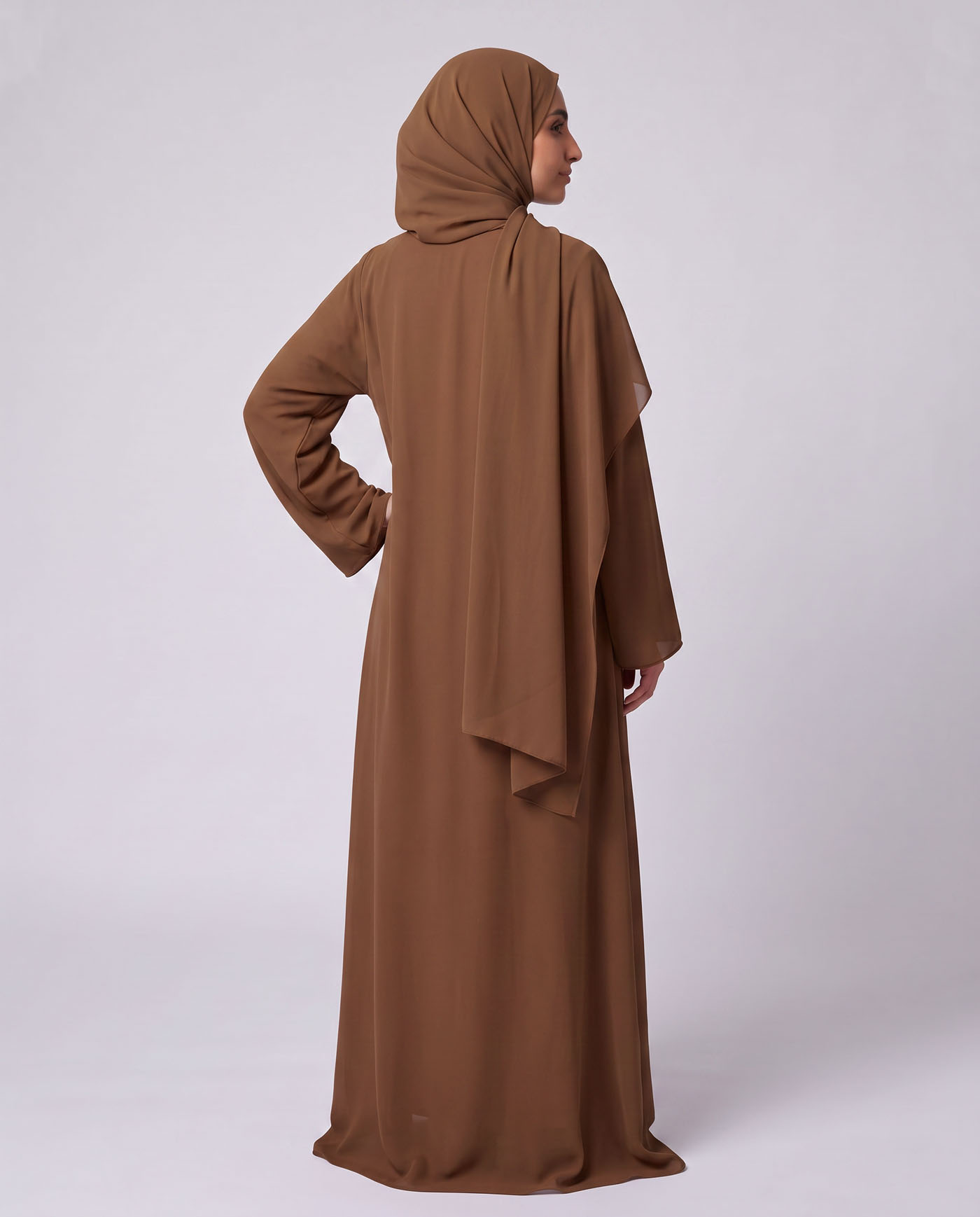 Open Abaya in Chiffon with Matching Hijab - Brown - 3