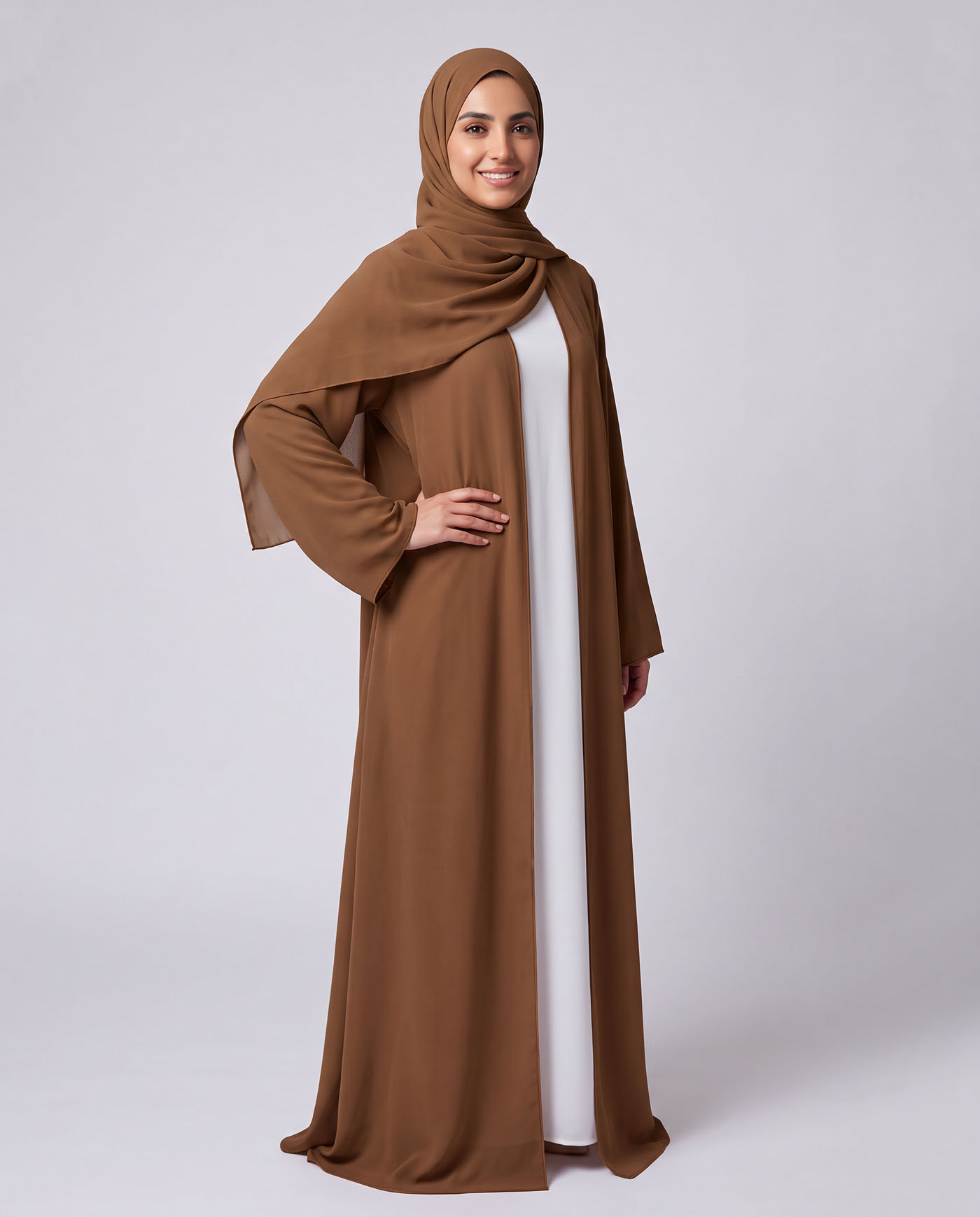 Open Abaya in Chiffon with Matching Hijab - Brown
