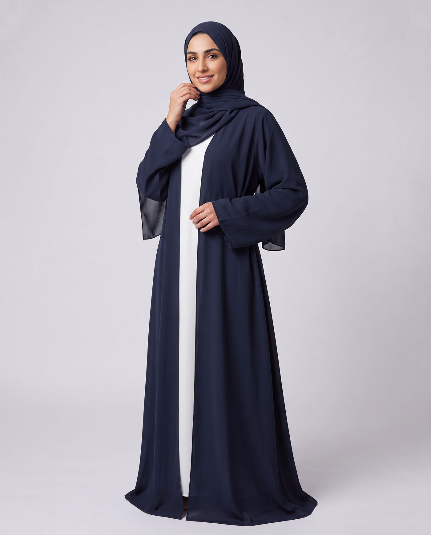 Öppet Abaya i Chiffong med matchande Hijab - Midnattsblå
