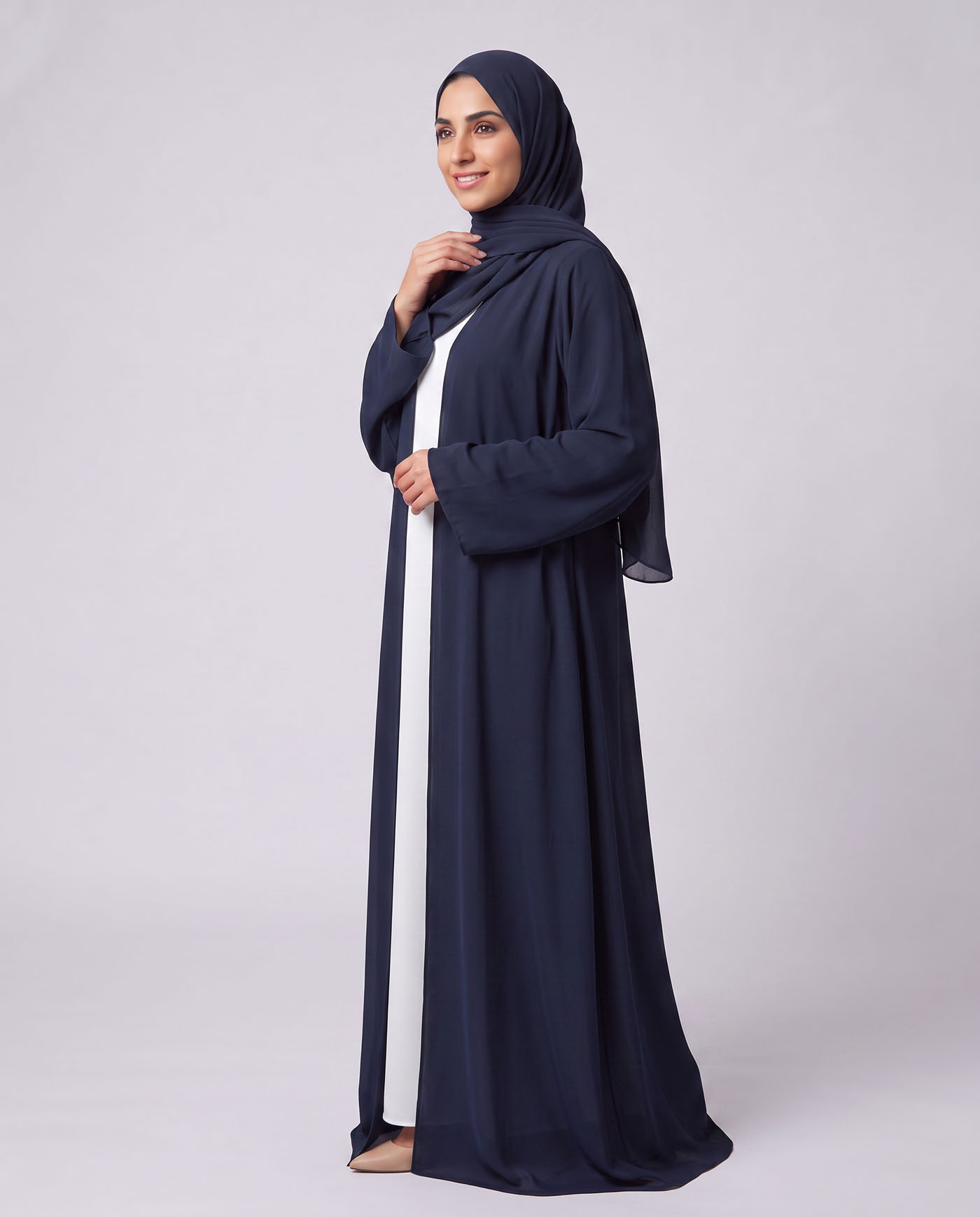 Open Abaya in Chiffon with Matching Hijab - Midnight Blue - 2