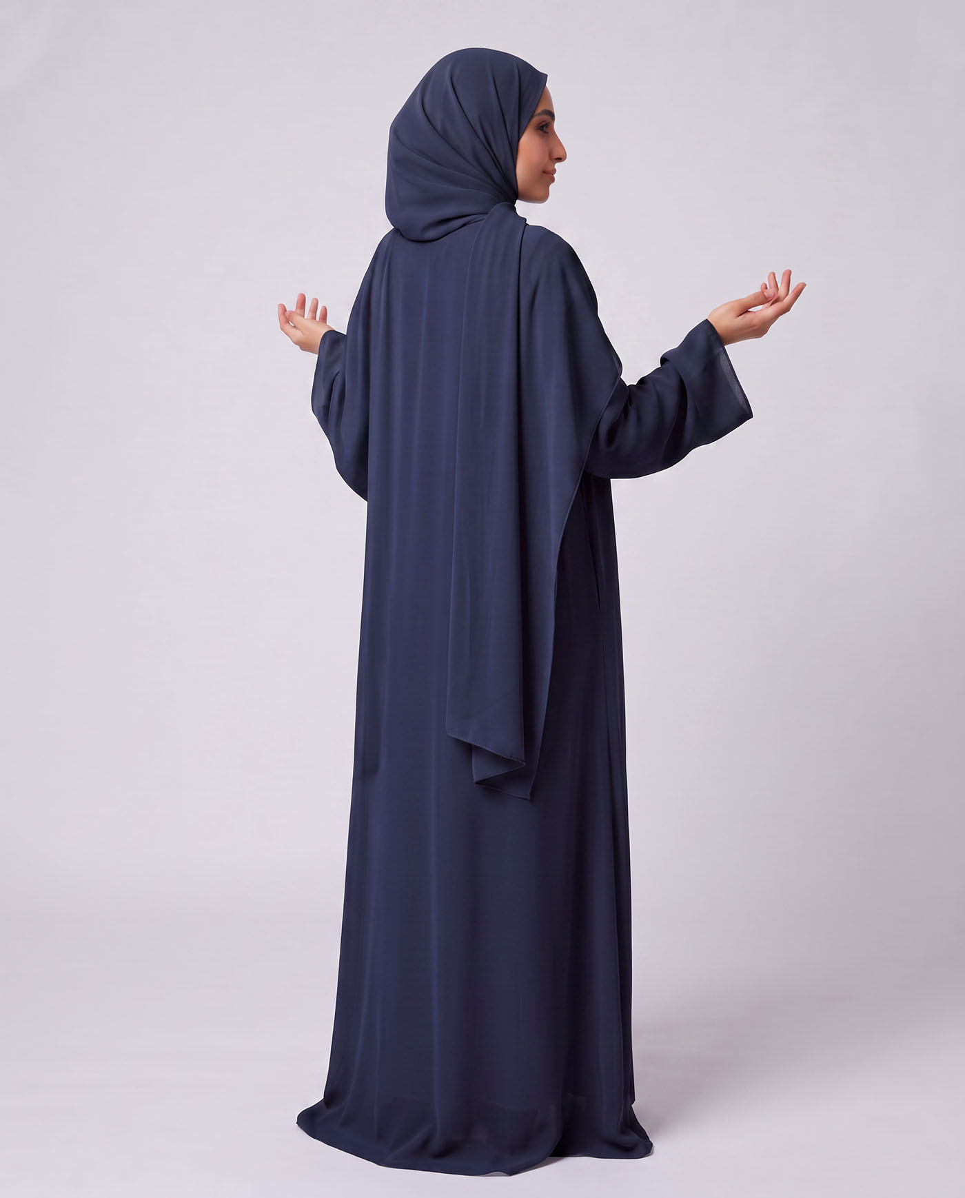 Open Abaya in Chiffon with Matching Hijab - Midnight Blue - 3