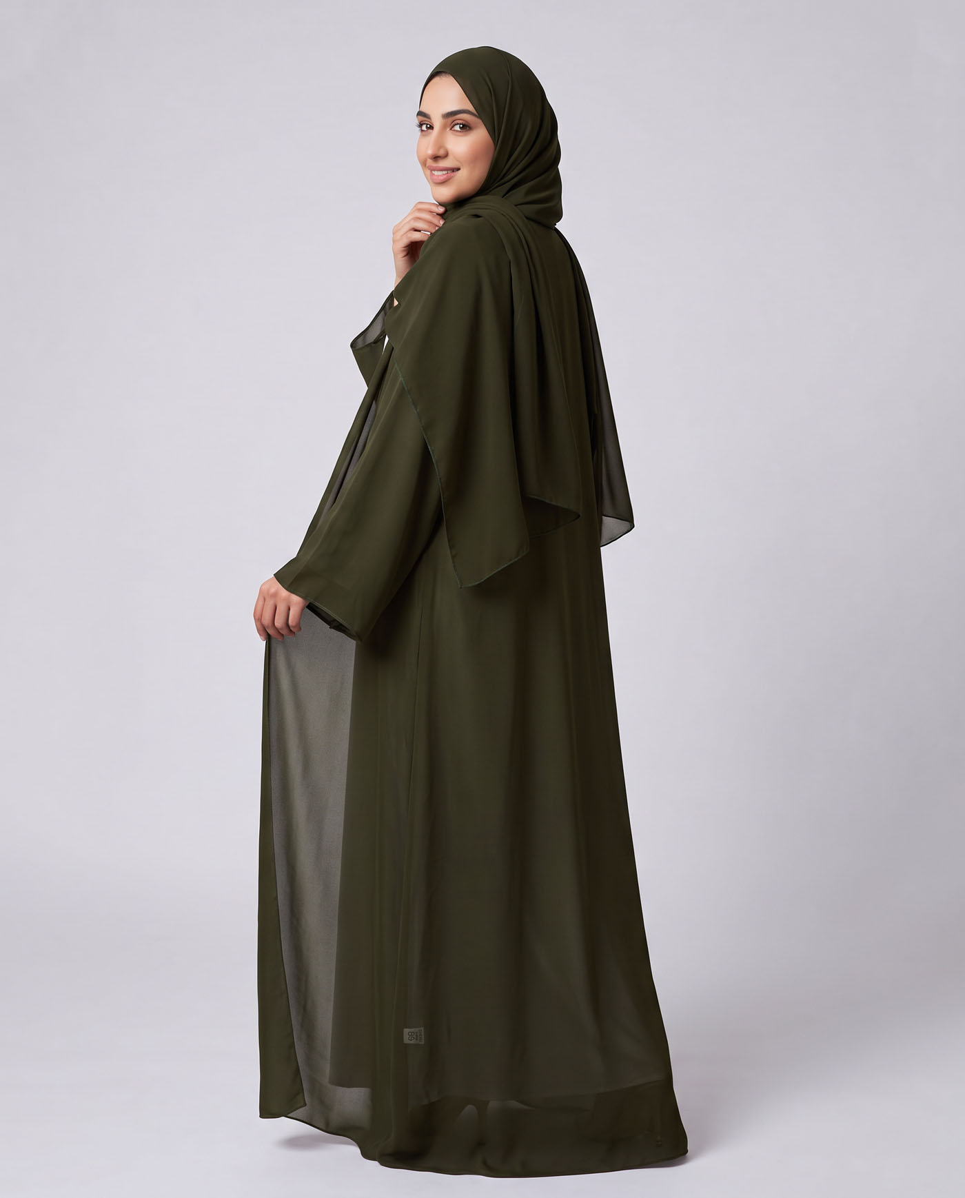 Öppet Abaya i Chiffong med matchande Hijab - Olivgrön - 2