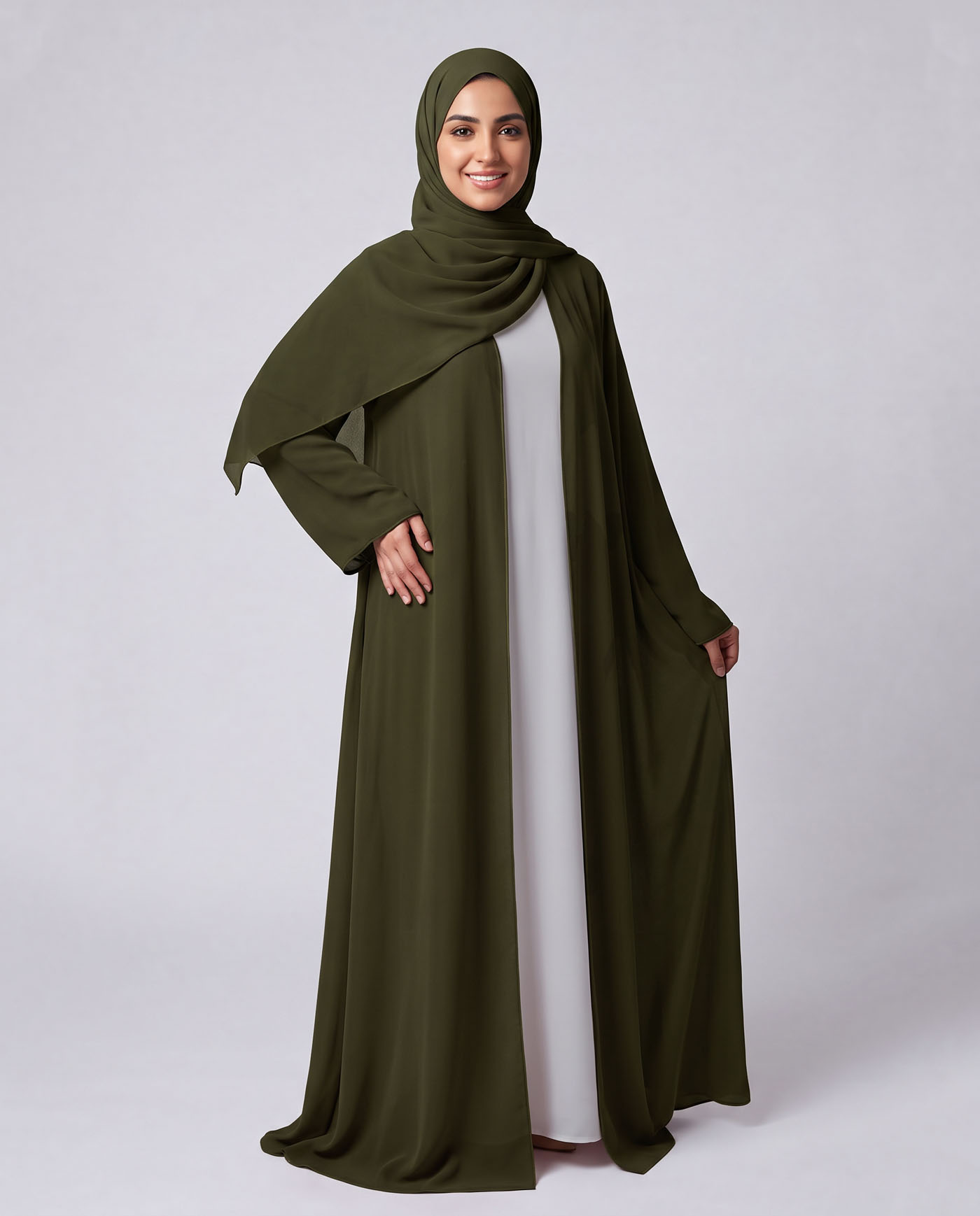 Öppet Abaya i Chiffong med matchande Hijab - Olivgrön