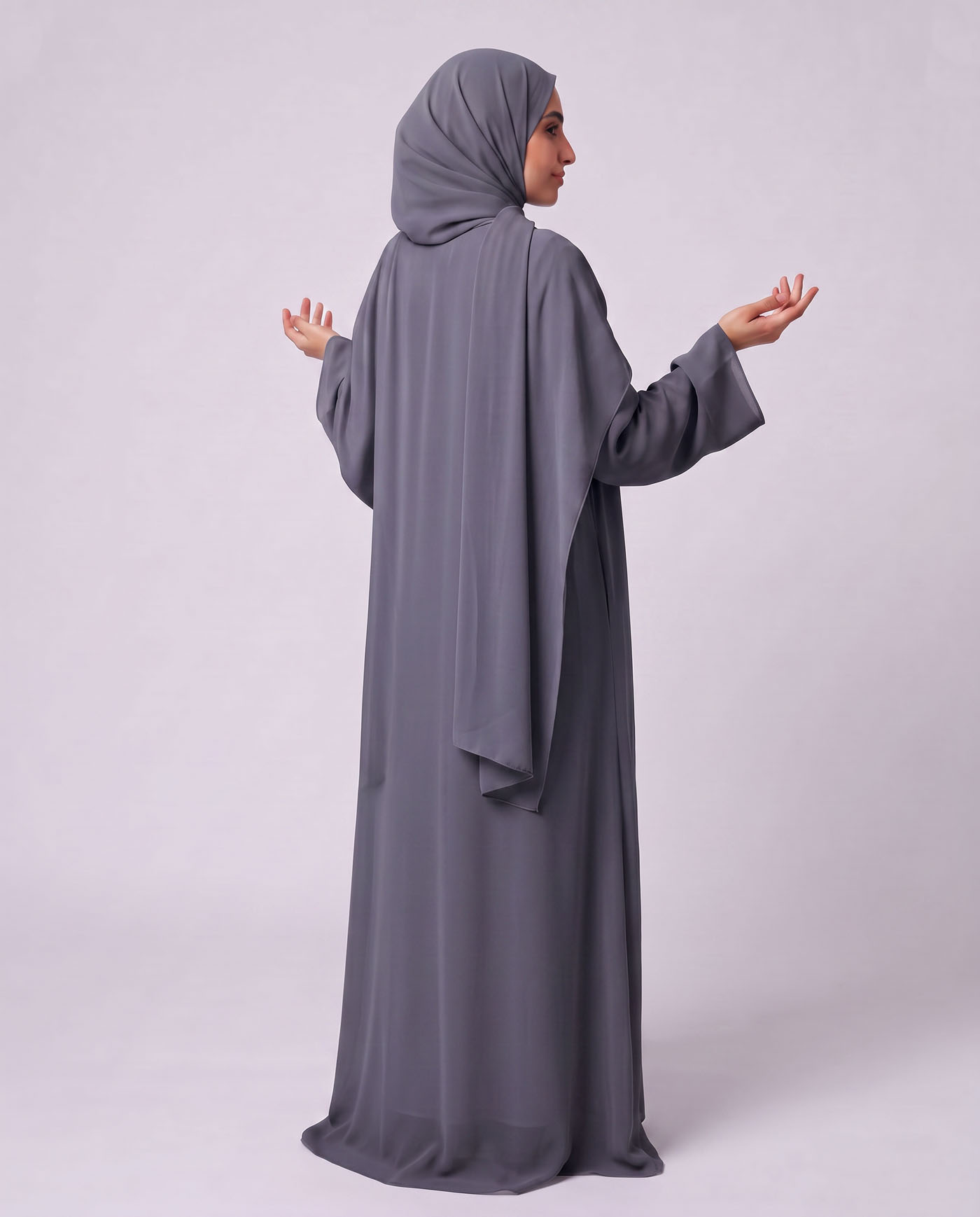 Öppet Abaya i Chiffong med matchande Hijab - Mörkgrå - 2