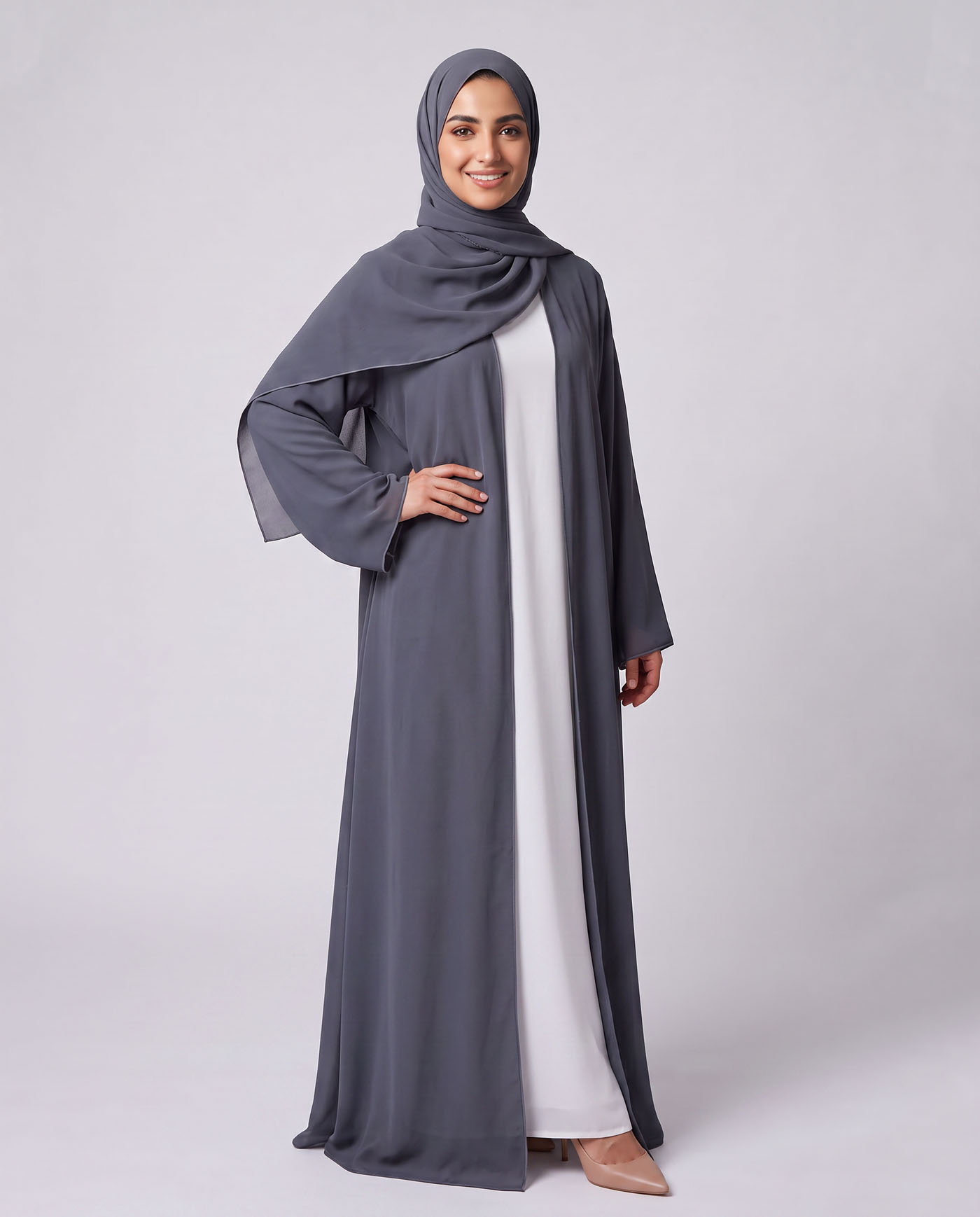 Öppet Abaya i Chiffong med matchande Hijab - Mörkgrå