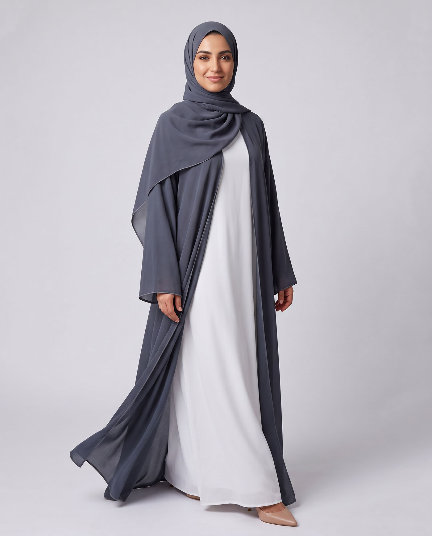 Öppet Abaya i Chiffong med matchande Hijab - Mörkgrå - 3
