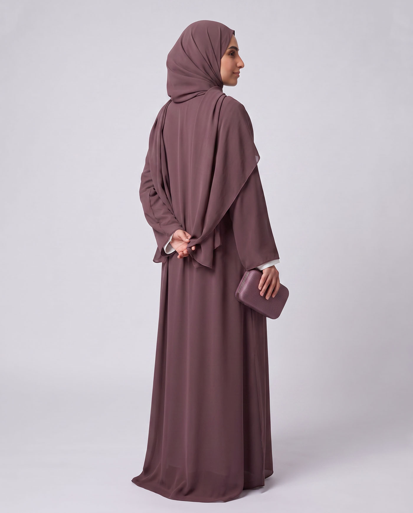 Öppet Abaya i Chiffong med matchande Hijab - Mörklila - 3
