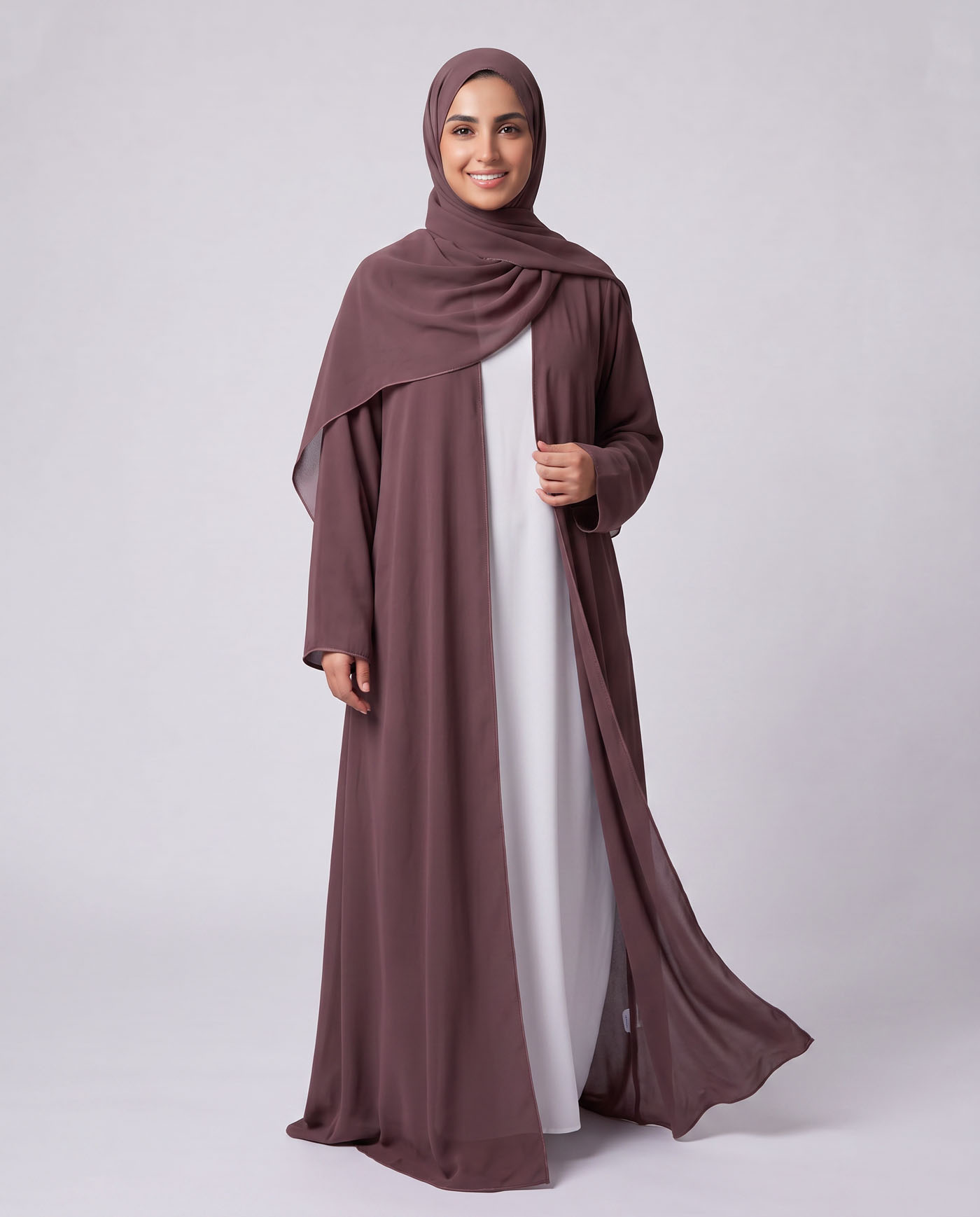 Öppet Abaya i Chiffong med matchande Hijab - Mörklila - 2