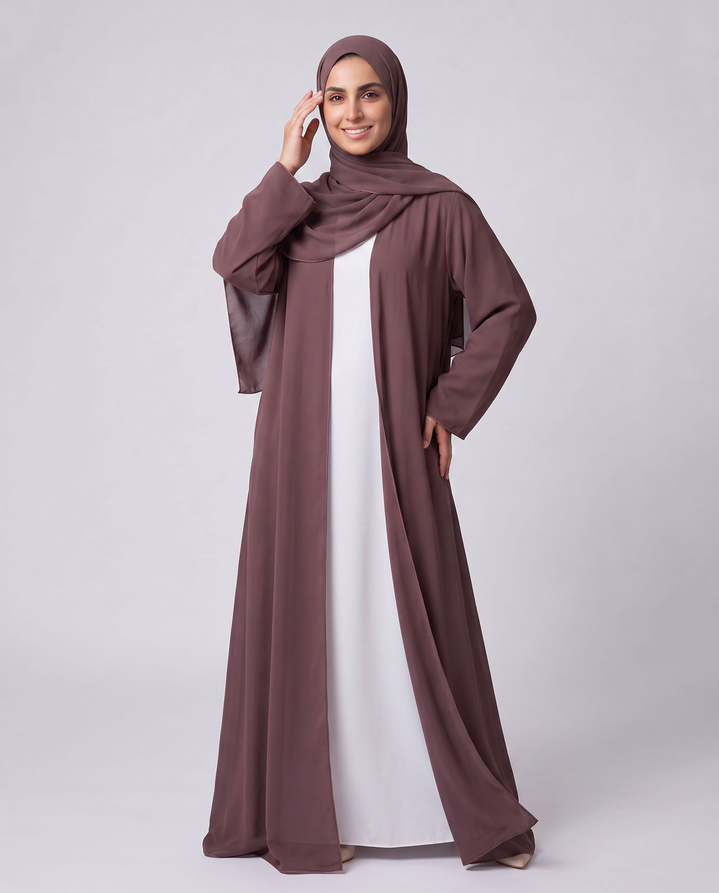 Öppet Abaya i Chiffong med matchande Hijab - Mörklila