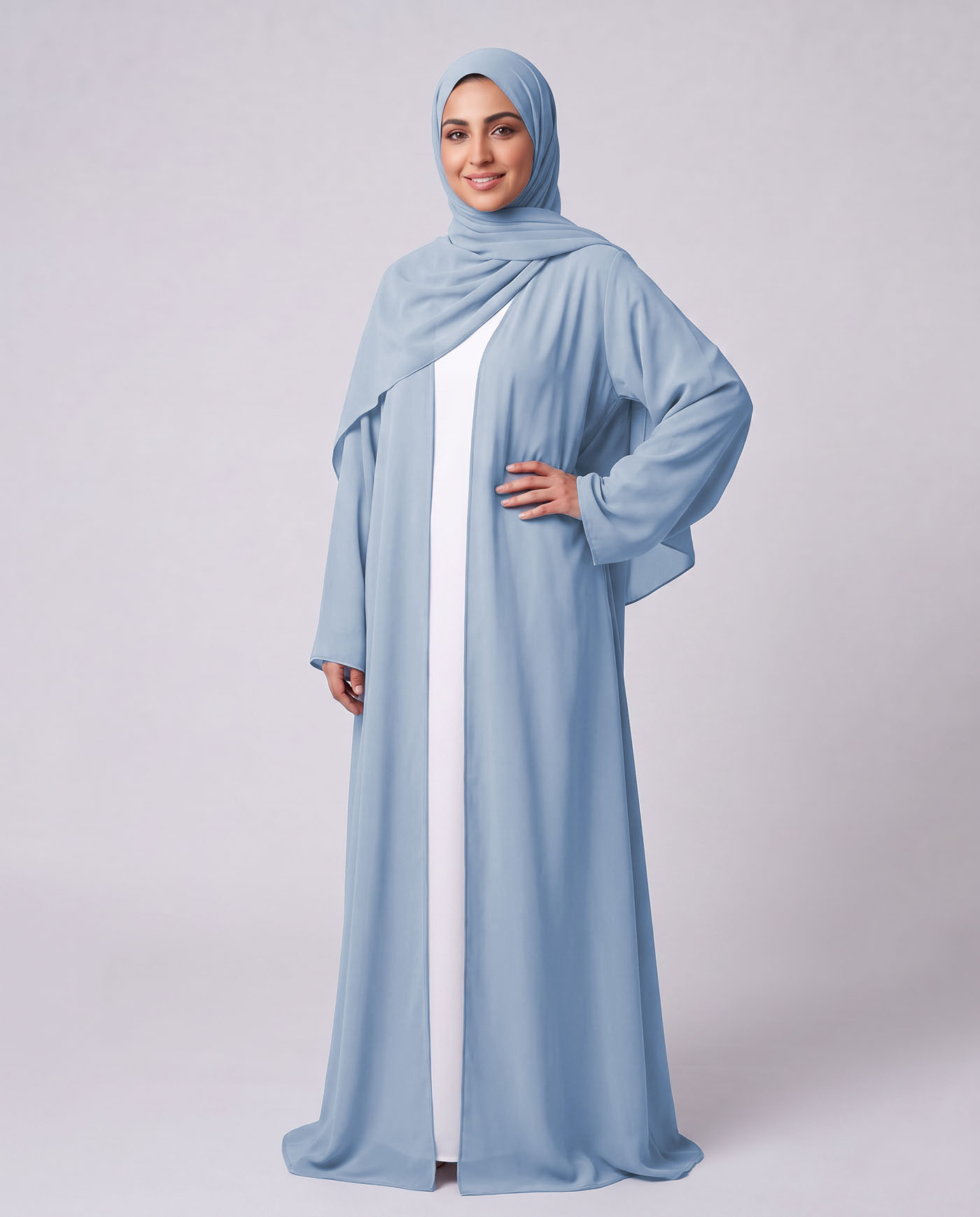 Öppet Abaya i Chiffong med matchande Hijab - Himmelsblå - 3
