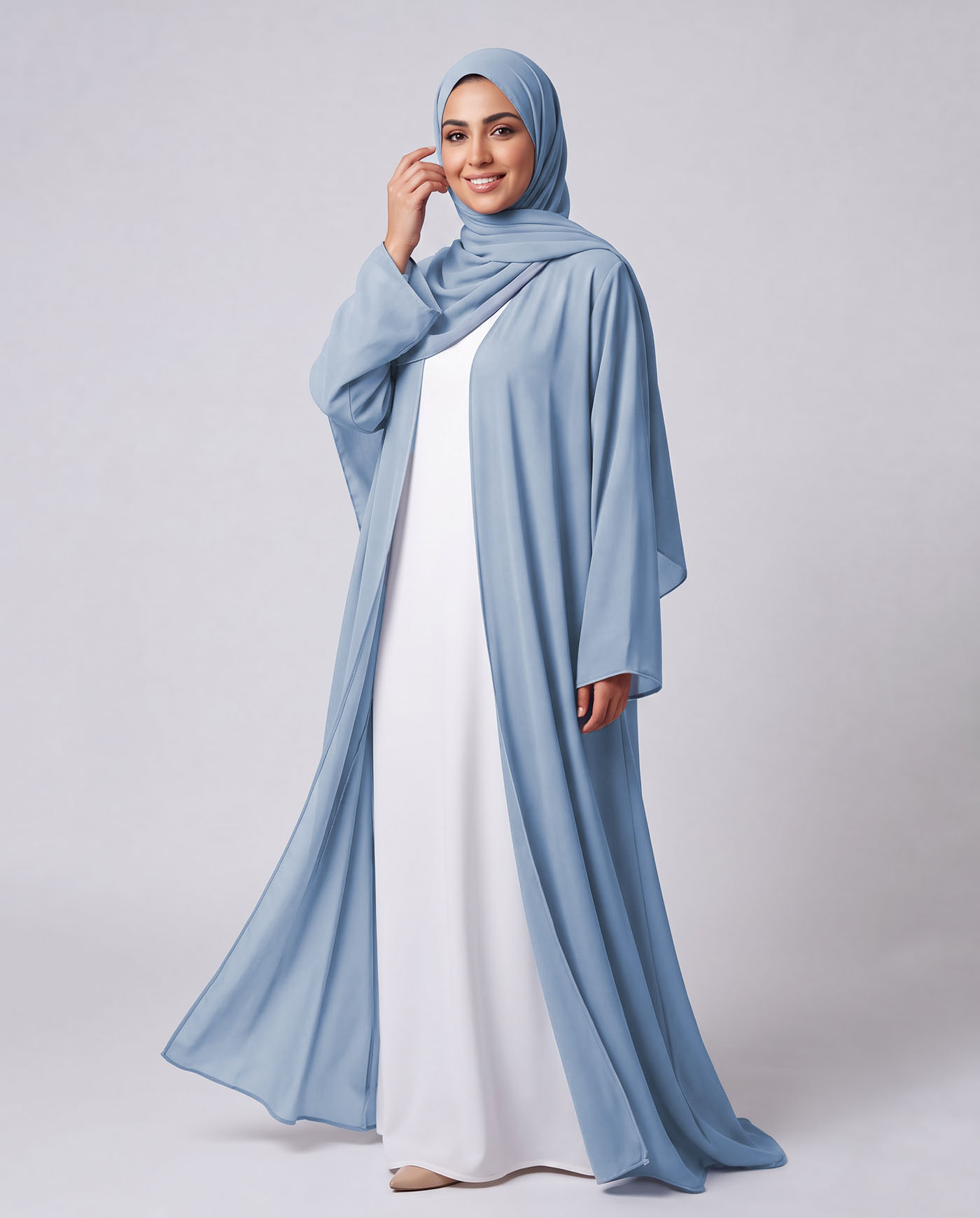 Öppet Abaya i Chiffong med matchande Hijab - Himmelsblå
