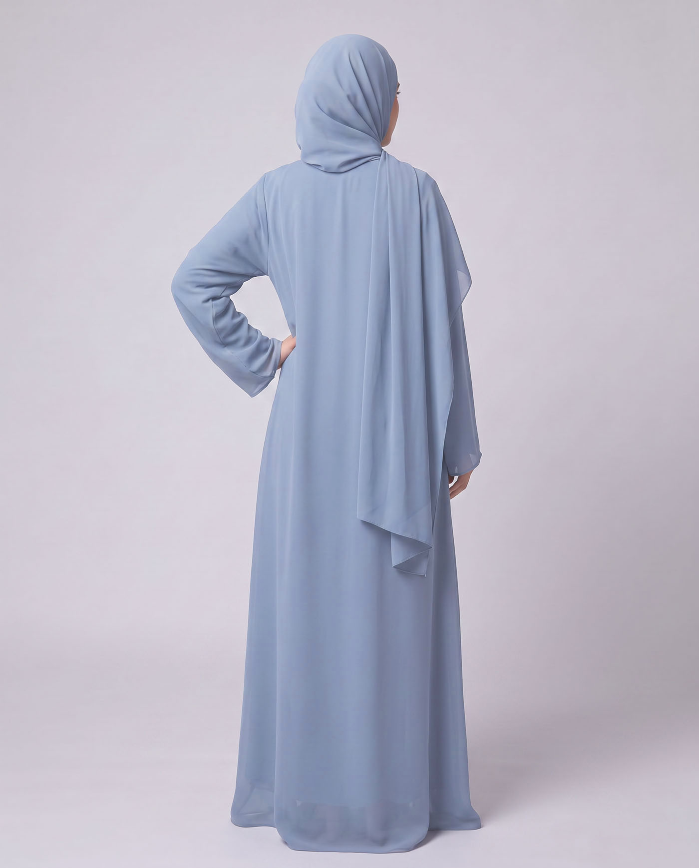 Öppet Abaya i Chiffong med matchande Hijab - Himmelsblå - 2