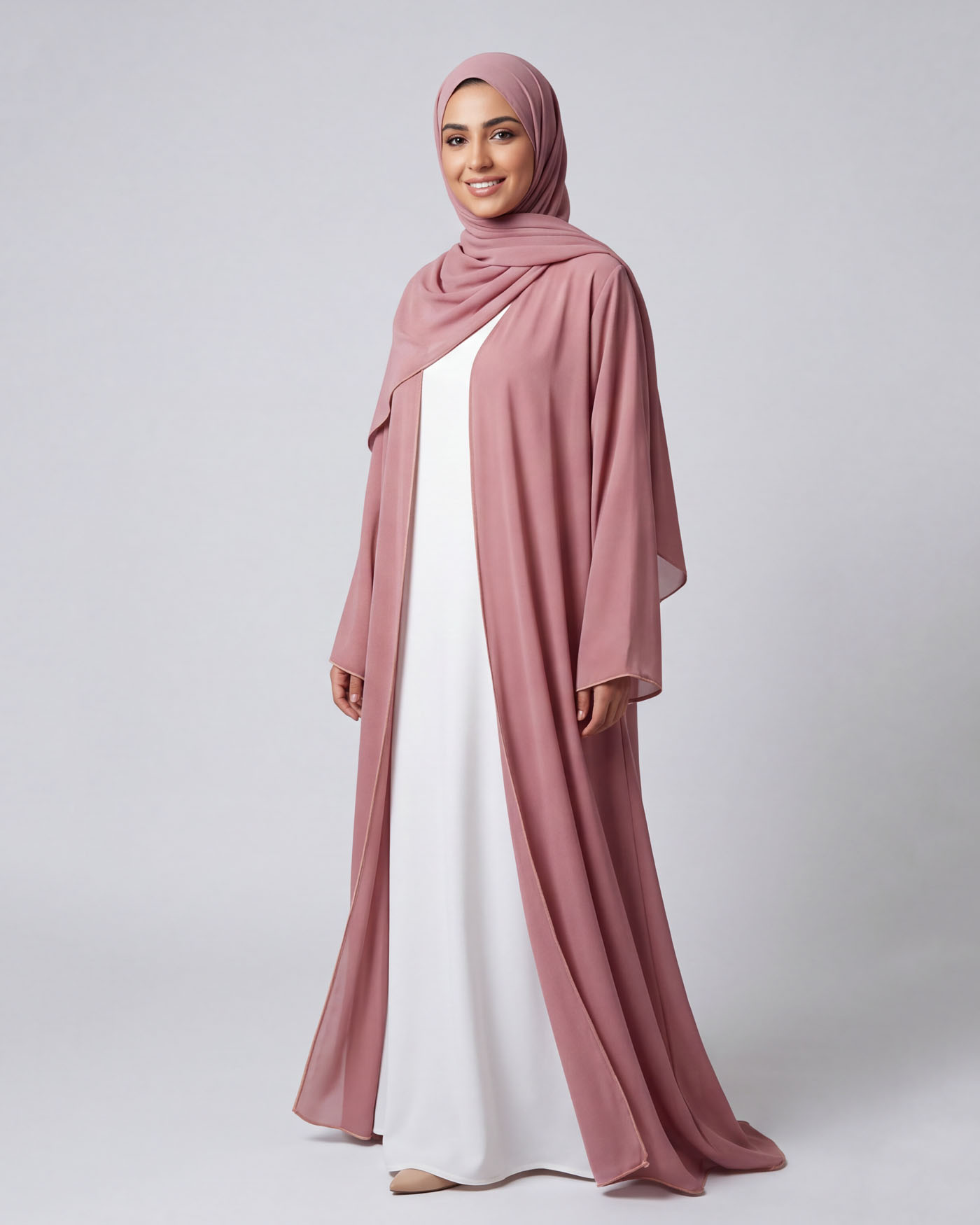 Öppet Abaya i Chiffong med matchande Hijab - Ljusrosa