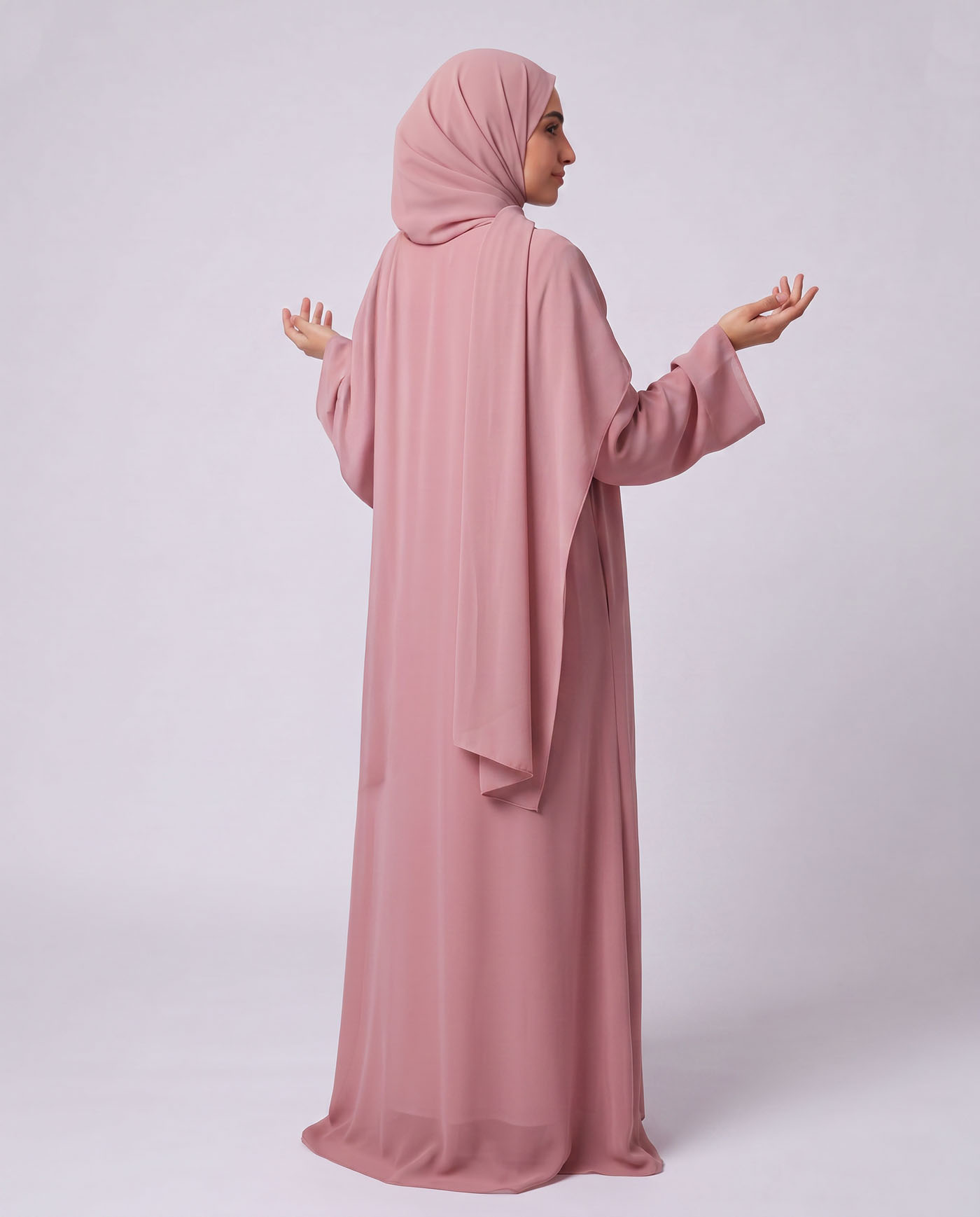 Öppet Abaya i Chiffong med matchande Hijab - Ljusrosa - 2