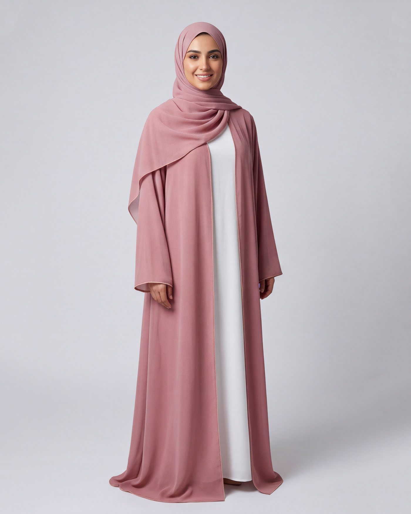 Öppet Abaya i Chiffong med matchande Hijab - Ljusrosa - 3