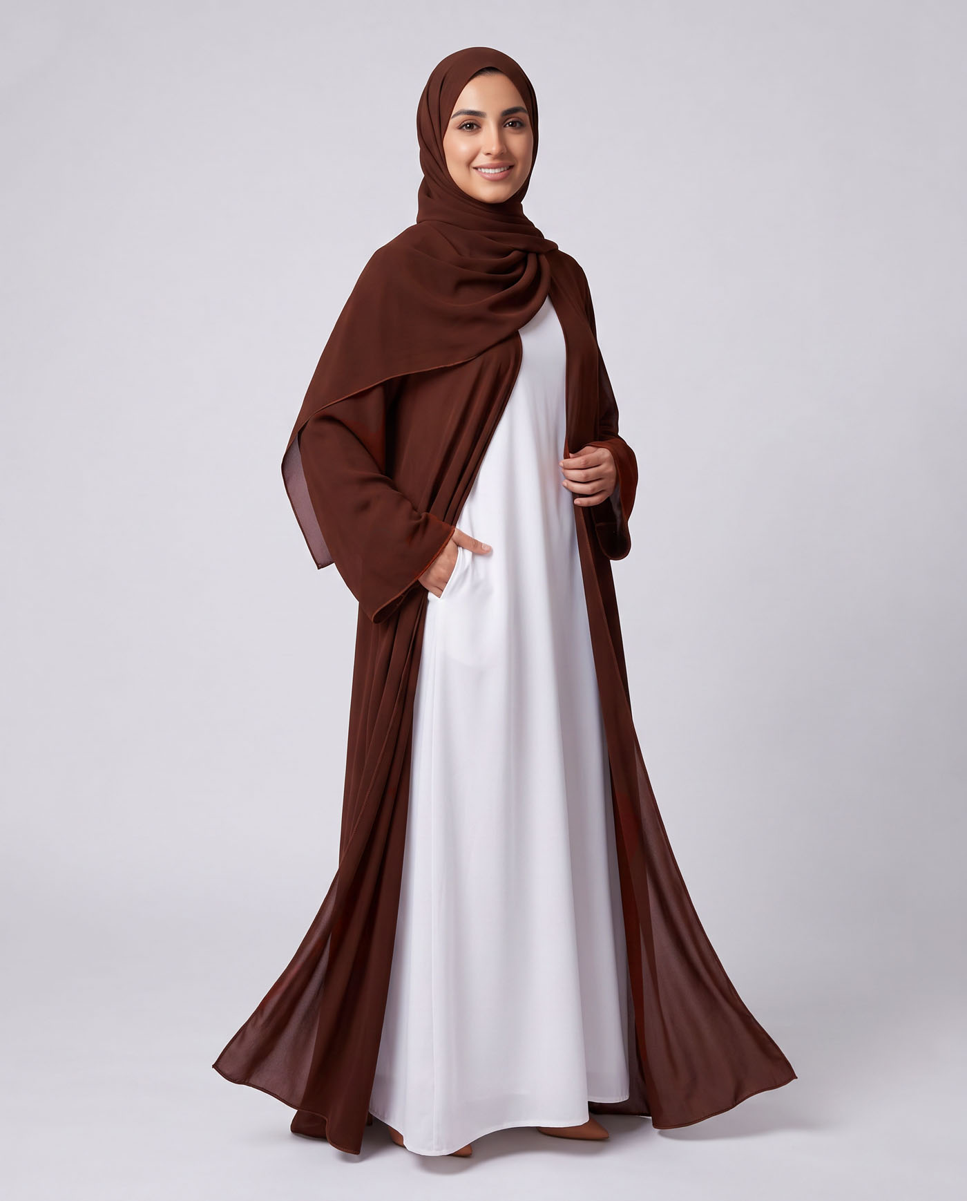 Öppet Abaya i Chiffong med matchande Hijab - Mörkbrun
