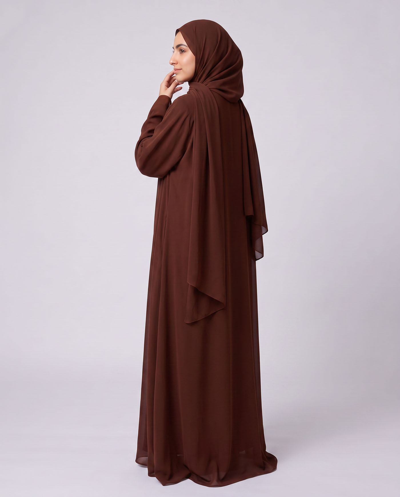 Öppet Abaya i Chiffong med matchande Hijab - Mörkbrun - 2